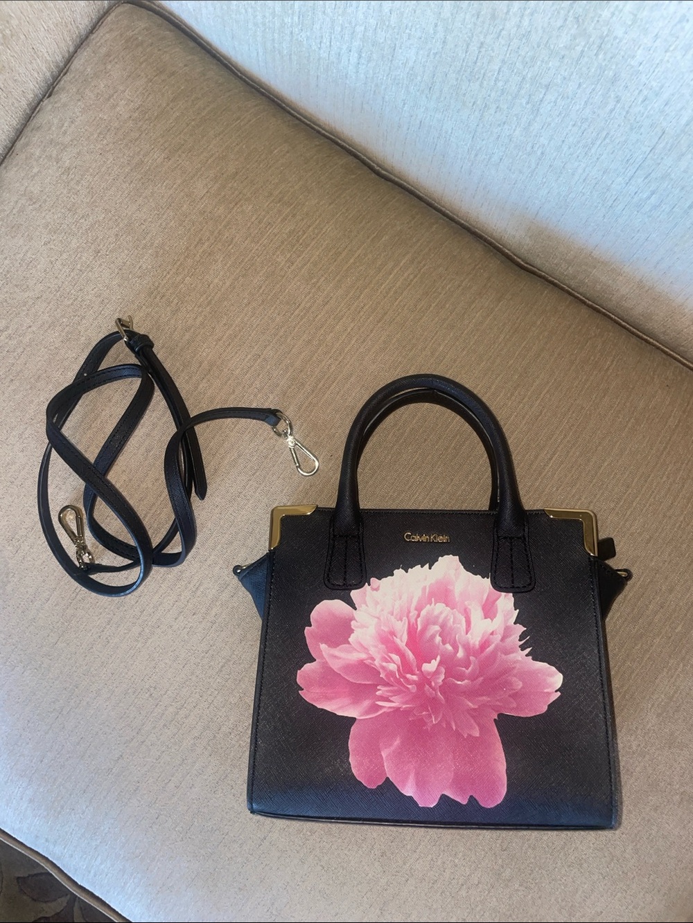 Calvin Klein Black Purse with Large Pink Floral